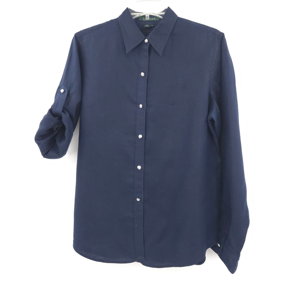 Lauren Ralph Lauren Linen Button Down Women M Navy Blue Roll Tab Sleeve Shirt